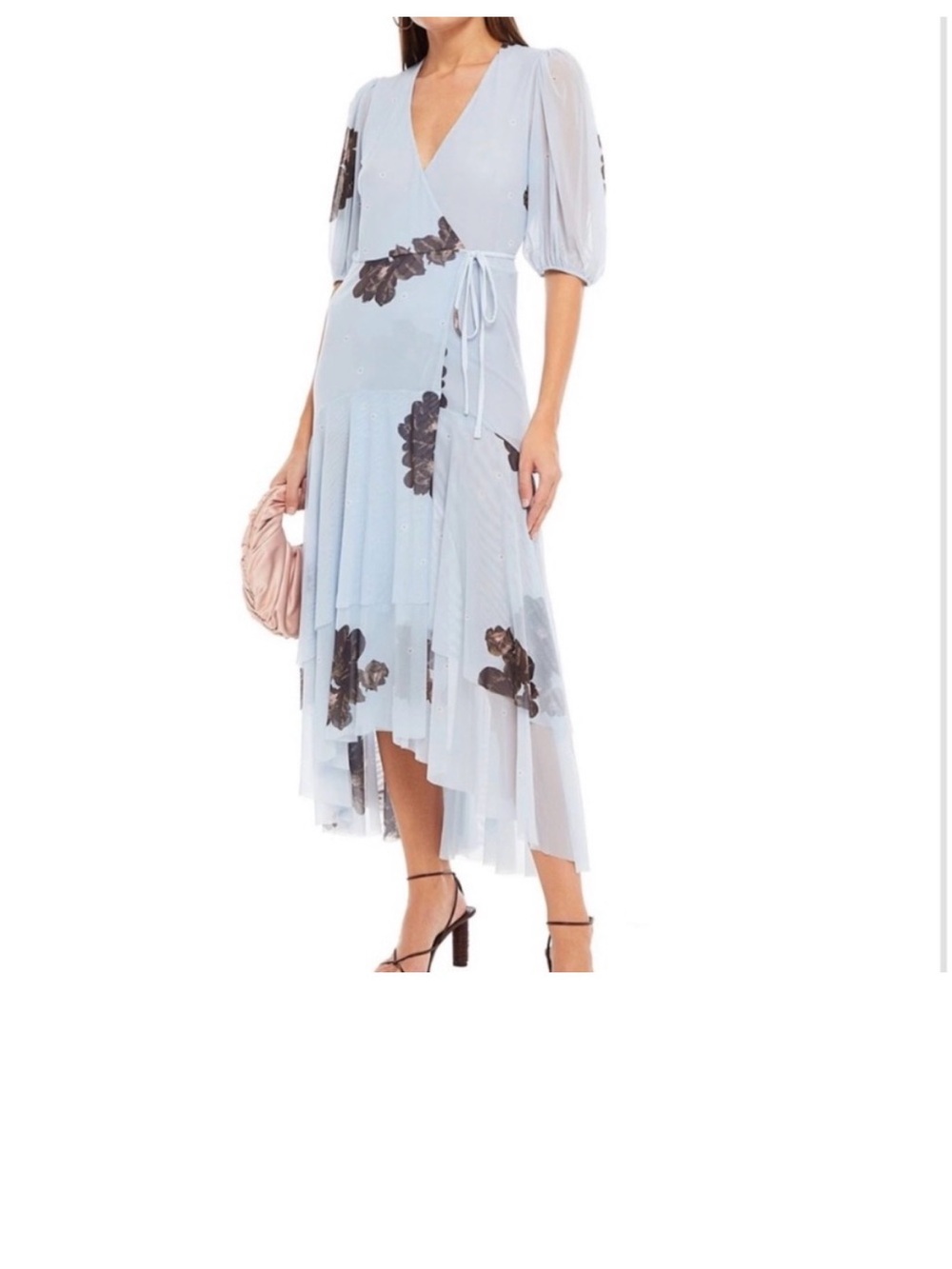 Ganni Pale Blue Maxi Dress with Brown Floral Appliqués